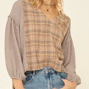 Promesa Women’s V-Neck Plaid Mix Print Blouse in Brown and Red Plaid BoHo Medium